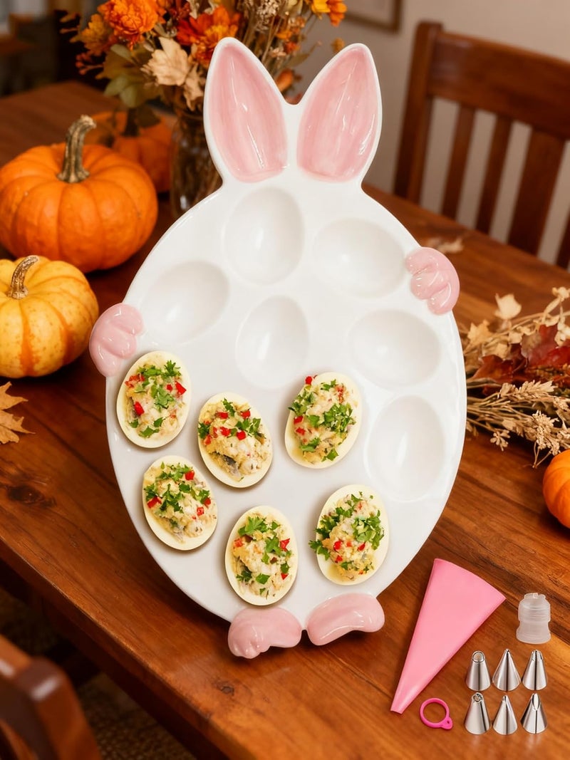 AceList Ceramic Deviled Egg Platter with 12 Slots, Cute Thanksgiving Serving Tray for Appetizers, Holiday Table Decor, Includes Piping Tools for Easy Filling - Image 1